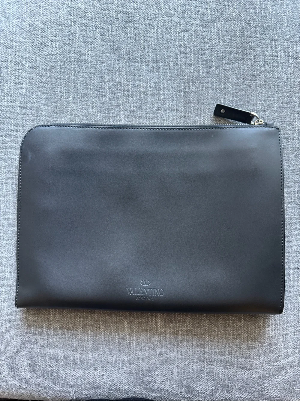 Valentino Garavani VLTN Black Leather Zip Pouch with Stud Accents